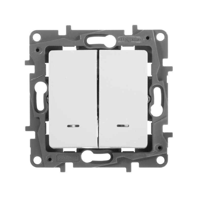 Выключатель 2-кл. СП Etika 10А IP20 250В 10AX с подсветкой/индикацией безвинтов. зажимы механизм бел. Leg 672204